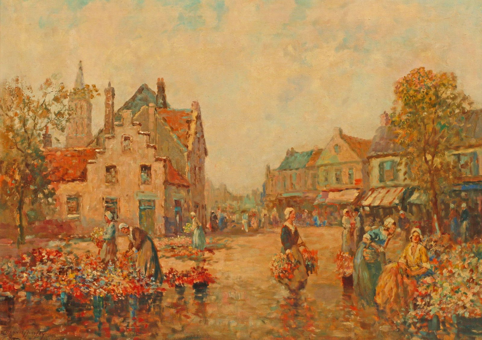DENNIS AINSLEY (1880-1952) IMPRESSIONIST PAINTING, FLOWER MARKET: Framed oil on canvas painting, The Flower Market, signed lower left Dennis Ainsley (American, 1880-1952), retaining gilt-metal artist's plaque, patched repairs to canvas, sight: approx 25.75"h,