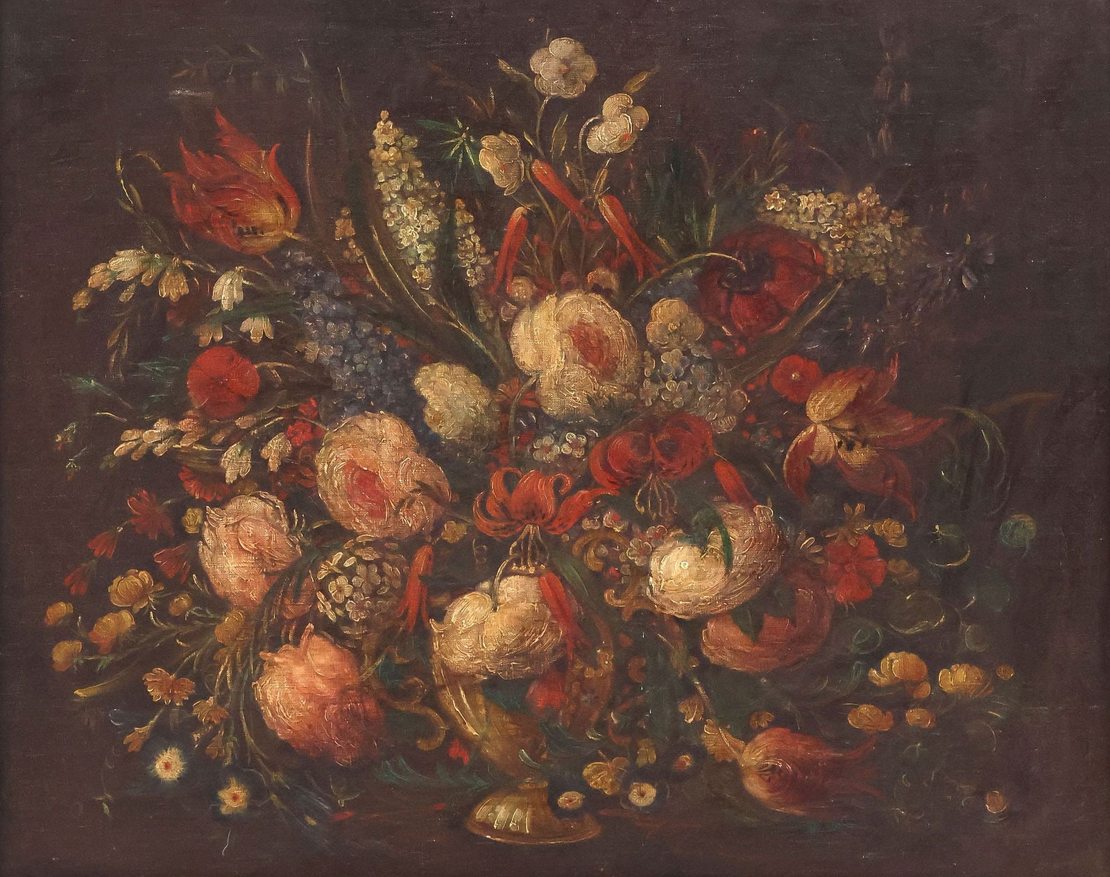 AFTER ANDREA BELVEDERE (1646-1732) FLORAL STILL LIFE OIL PAINTING: Framed oil and canvas painting, Dutch-style Still Life with Flowers, in the manner of Andrea Belvedere (Italian, 1646-1732), canvas verso signed Belvedere, back stretcher inscribed Firenze Villor