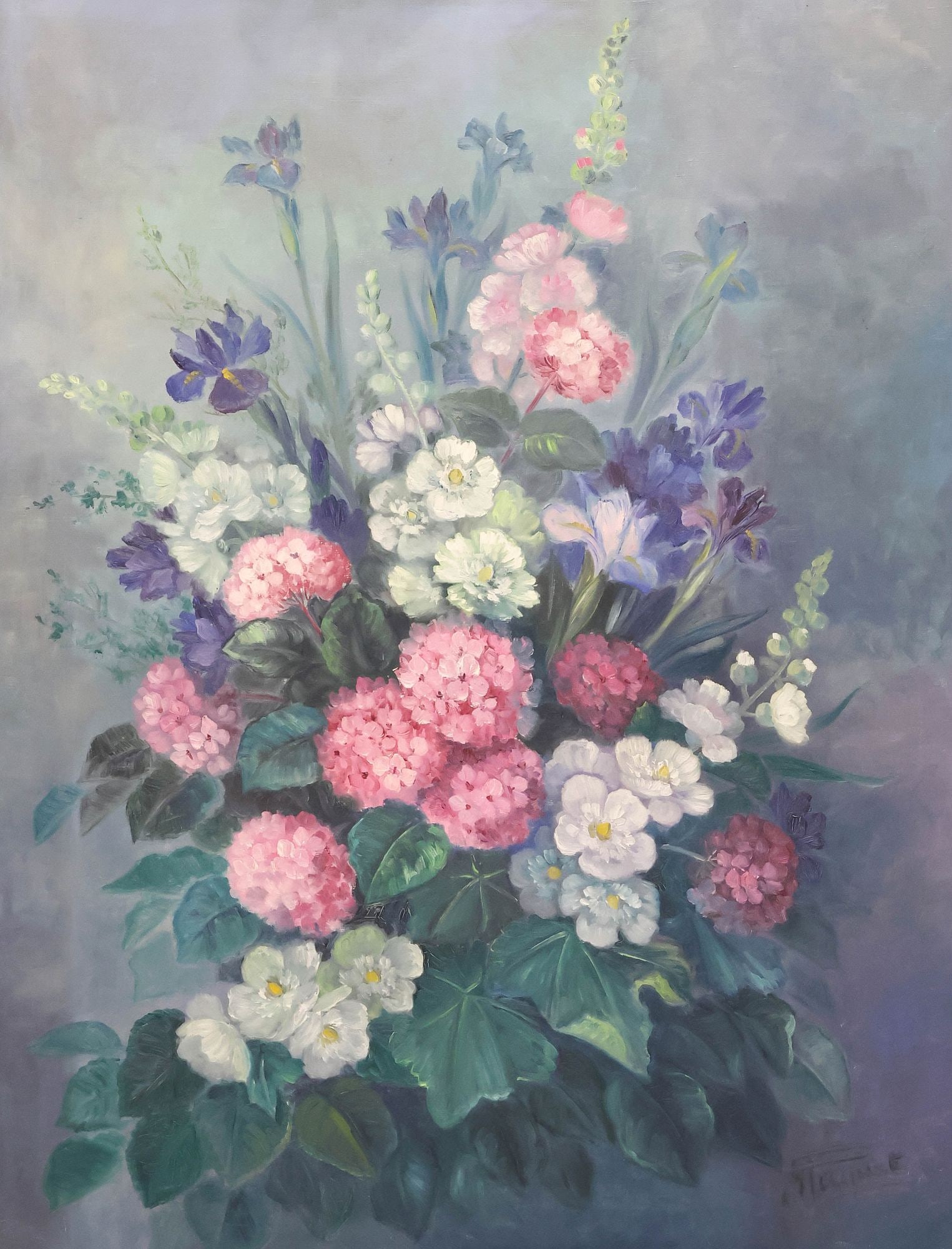 SIGNED J. PICQUET FRAMED FLORAL STILL LIFE OIL PAINTING, 46" X 35" (1 of 4)