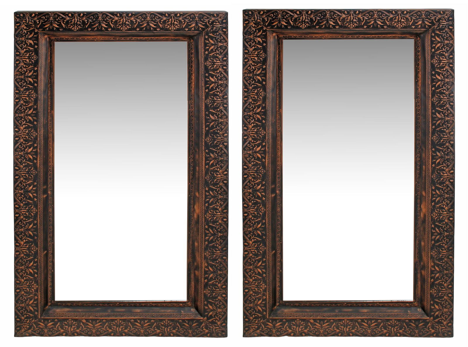 (2) LARGE REPOUSSE COPPER-TONE METAL RECTANGULAR WALL MIRRORS, 74"H - 2