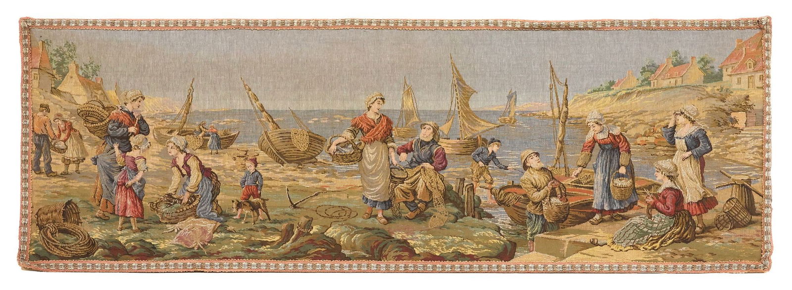 LARGE MACHINE-WOVEN TAPESTRY, VILLAGE FISHERMEN & WOMEN (1 of 3)