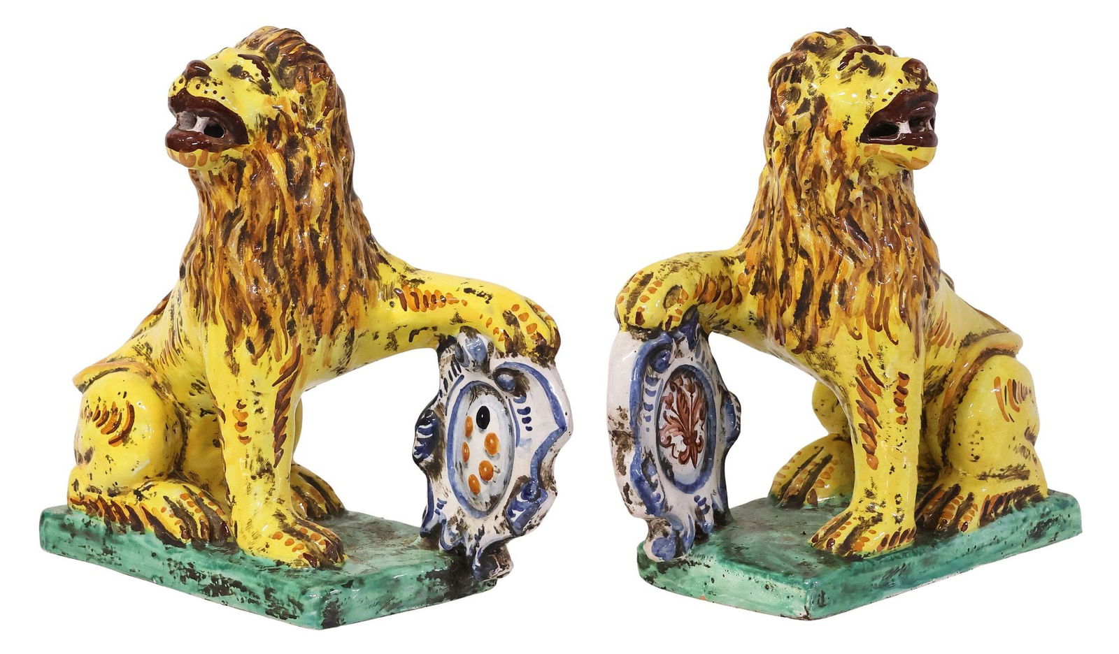 (2) ITALIAN PAINT-DECORATED FAIENCE LION FIGURES WITH ARMORIAL SHIELDS (1 of 6)
