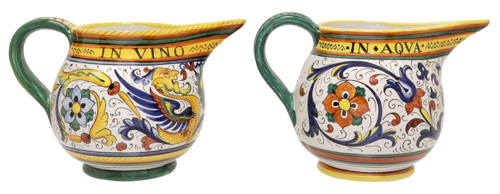 (2) ITALIAN LA DERUTESE DERUTA POLYCHROME MAJOLICA PITCHERS (1 of 5)
