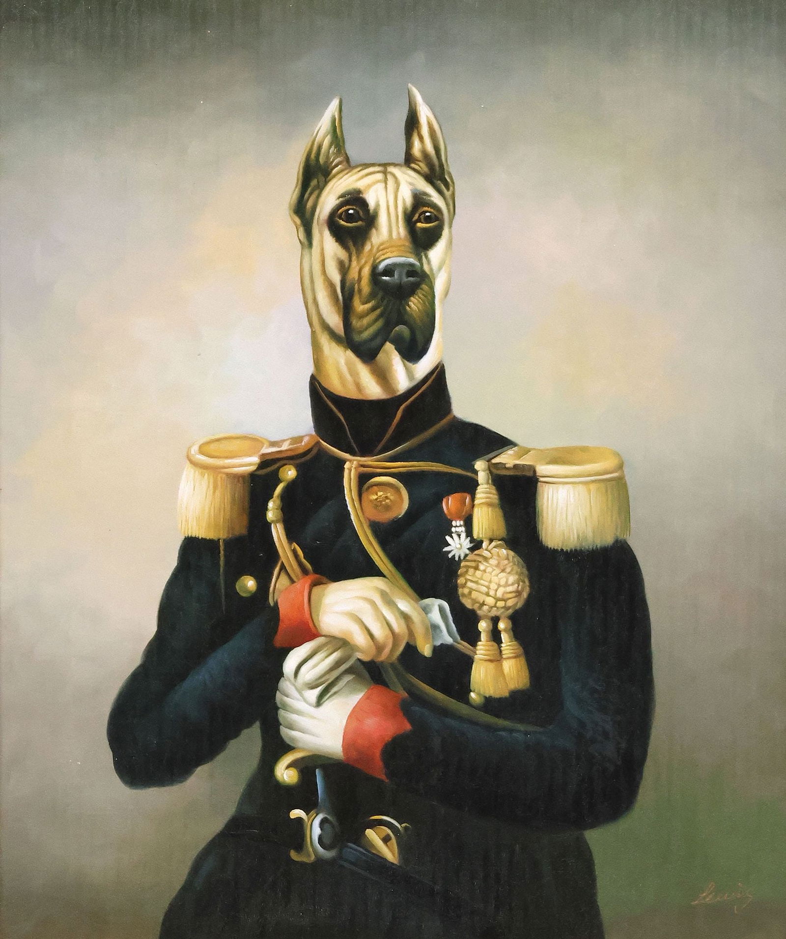 MANNER OF THIERRY PONCELET OIL PAINTING, GREAT DANE IN OFFICER'S UNIFORM: Framed oil on canvas painting, Great Dane in Officer's Uniform, in the manner of Thierry Poncelet (Belgian, b.1946), signed lower right Lewis, sight: approx 24"h, 19.25"w, overall: