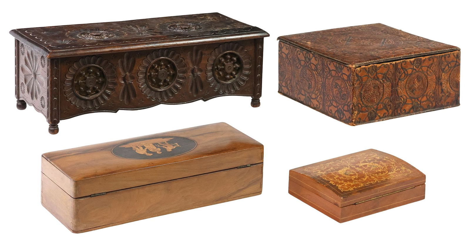 (4) COLLECTION OF CARVED WOOD, INLAID & LEATHER-CLAD TABLE BOXES (1 of 4)