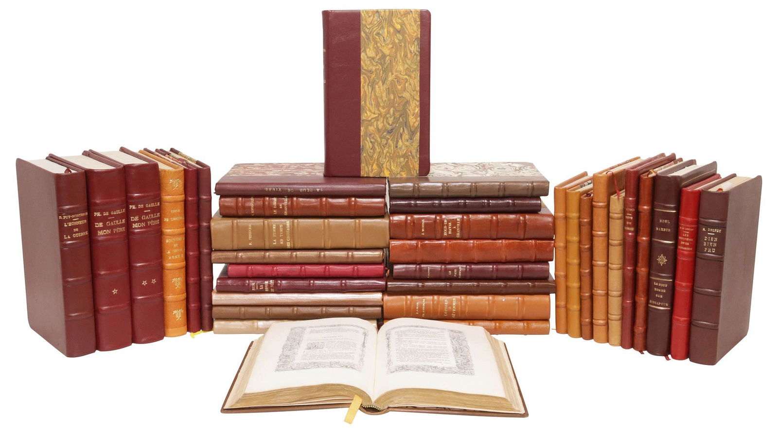 (35) FRENCH LEATHER-BOUND LIBRARY SHELF BOOKS, MILITARY HISTORY & BIOGRAPHY (1 of 3)