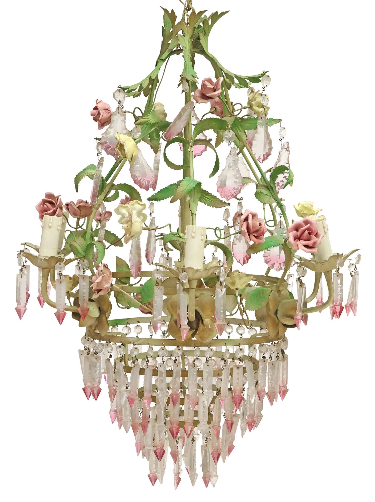 ITALIAN PAINTED TOLE, PORCELAIN, & CRYSTAL 7-LIGHT CHANDELIER (1 of 3)