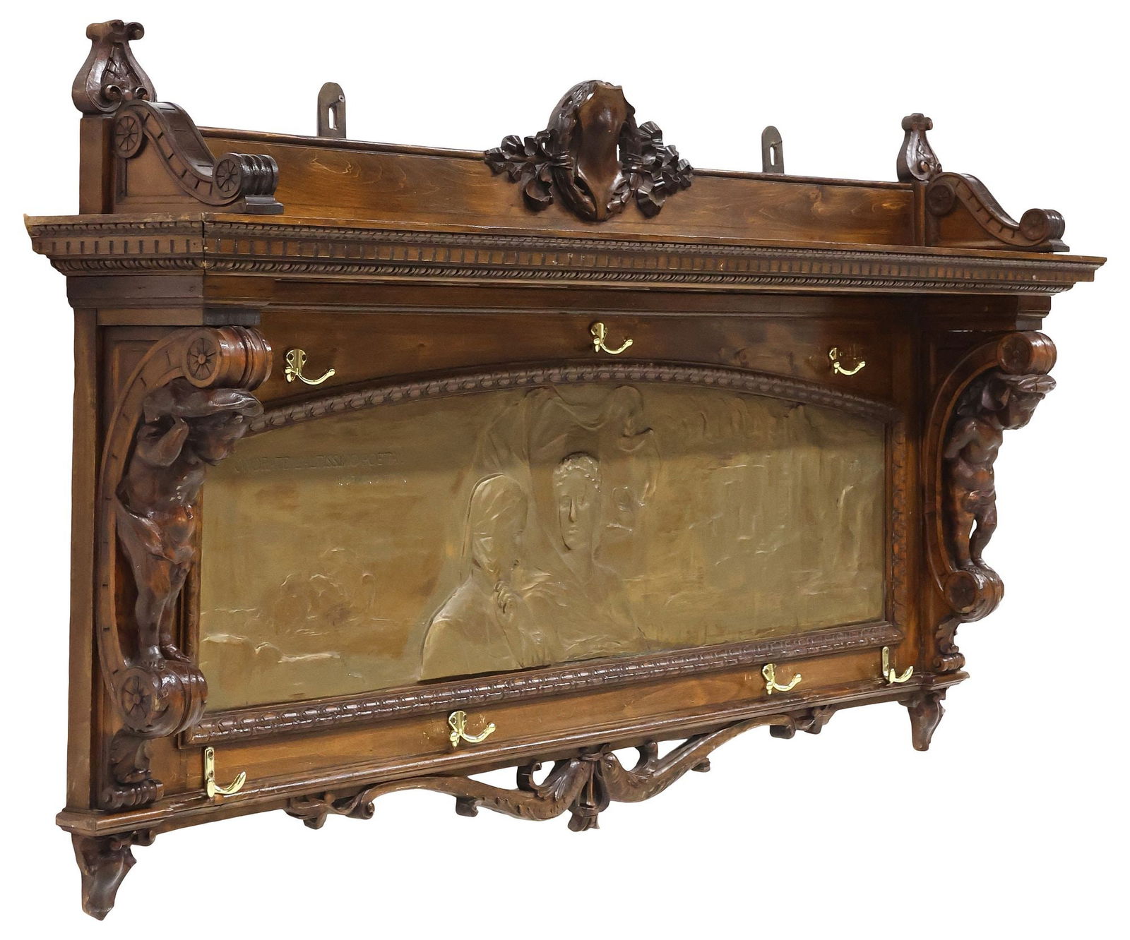 RENAISSANCE REVIVAL WALNUT HALL TREE WITH CAST RELIEF PLAQUE, DANTE'S INFERNO (1 of 6)