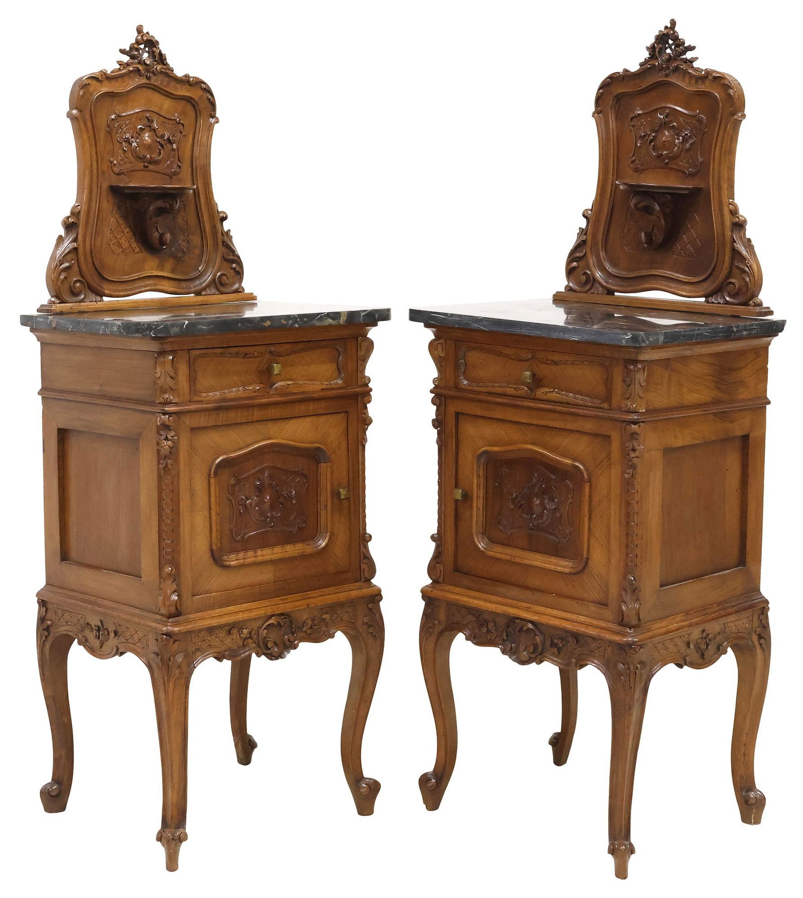 (2) ITALIAN LOUIS XV STYLE MARBLE-TOP CARVED WALNUT NIGHTSTANDS (1 of 6)