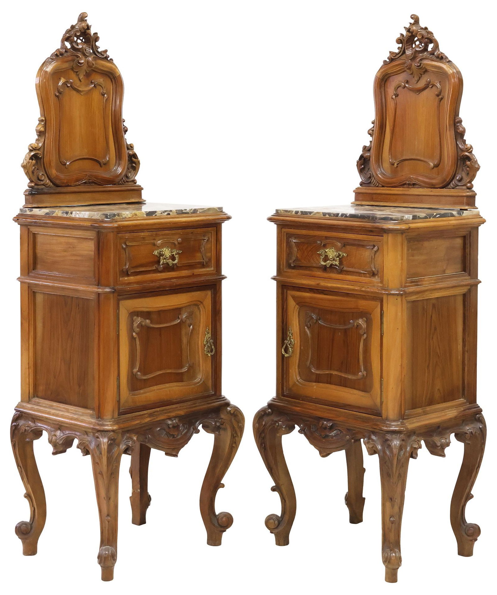 (2) LOUIS XV STYLE MARBLE-TOP CARVED WALNUT NIGHTSTANDS (1 of 6)