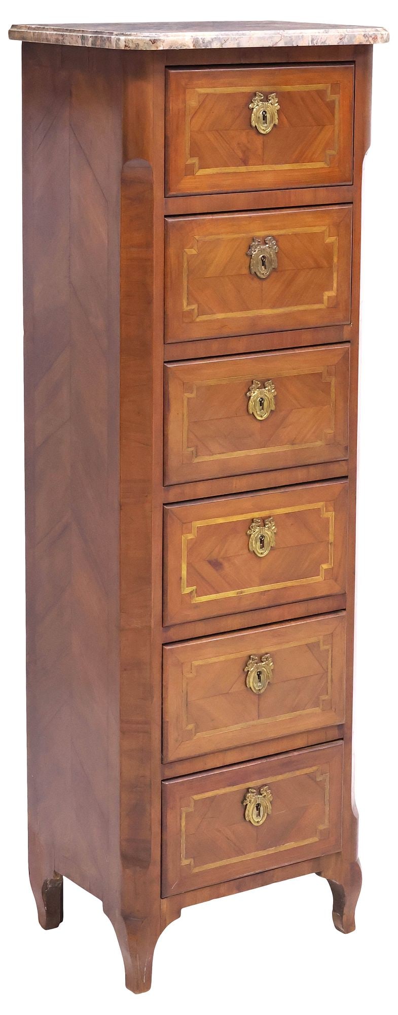 FRENCH MARBLE-TOP INLAID MAHOGANY TALL CHEST OF DRAWERS (1 of 5)
