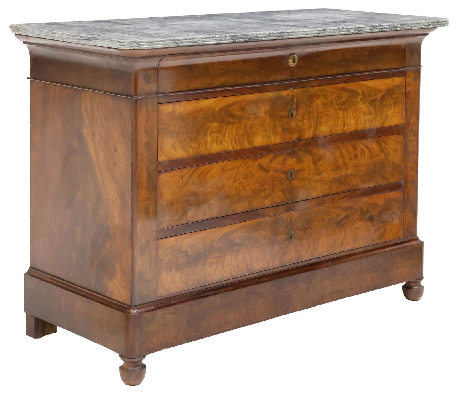 FRENCH LOUIS PHILIPPE MARBLE-TOP BURLED MAHOGANY COMMODE (1 of 5)