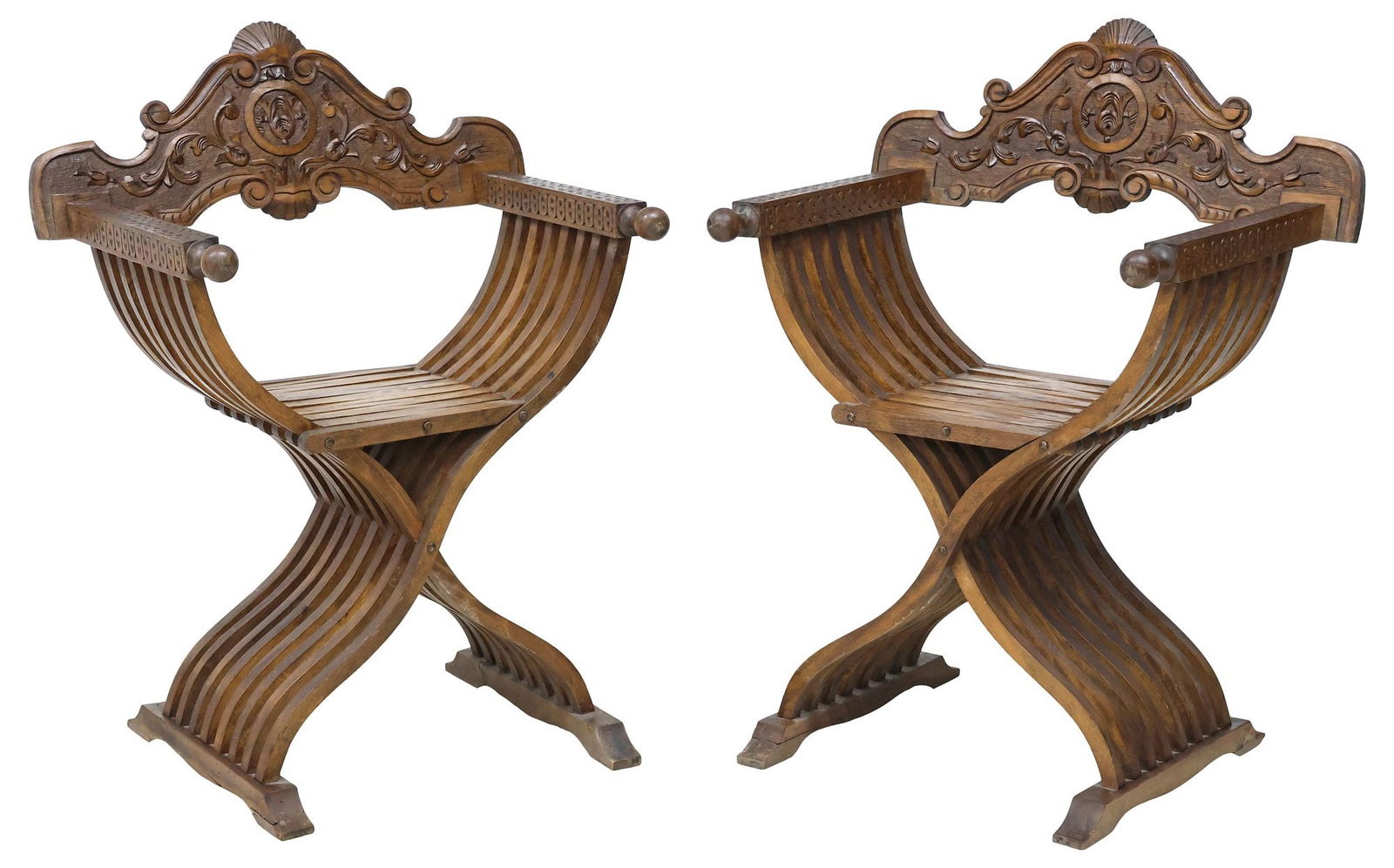 (2) ITALIAN RENAISSANCE REVIVAL WALNUT SAVONAROLA CURULE CHAIRS (1 of 4)