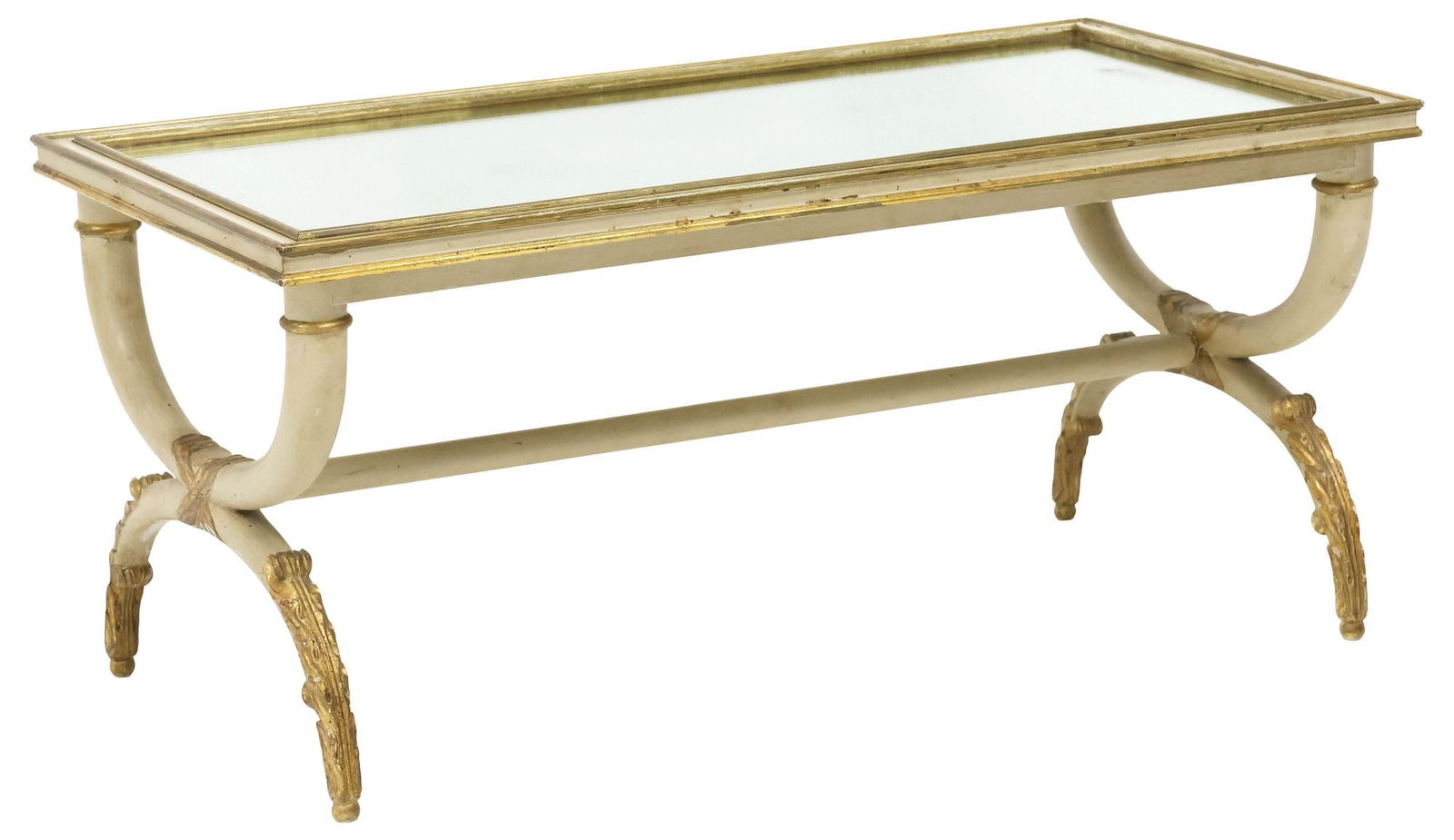FRENCH NEOCLASSICAL STYLE MIRROR-TOP PARCEL GILT CURULE COFFEE TABLE (1 of 4)