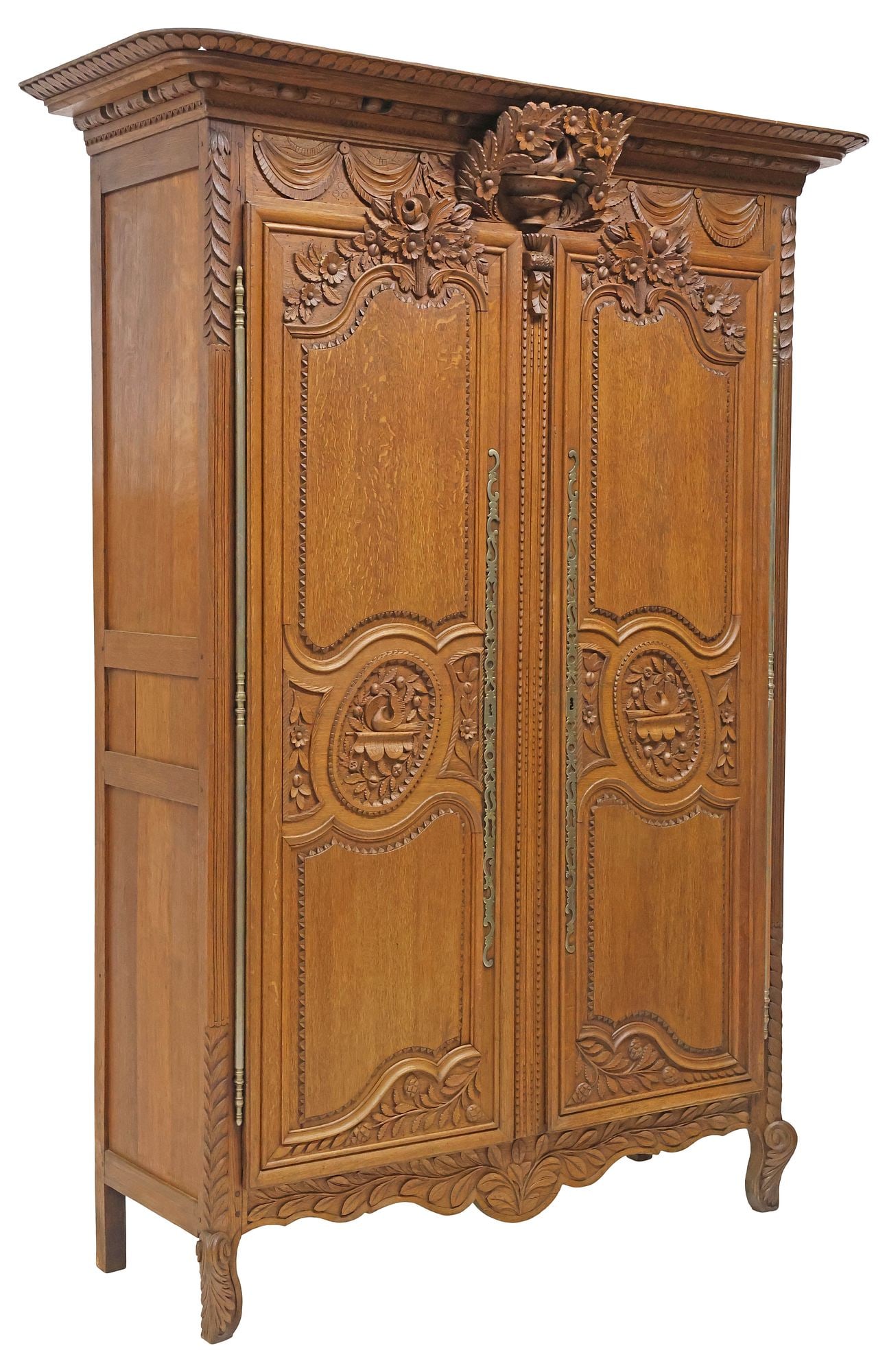FRENCH PROVINCIAL NORMAN CARVED OAK WEDDING ARMOIRE, 91.5" (1 of 6)