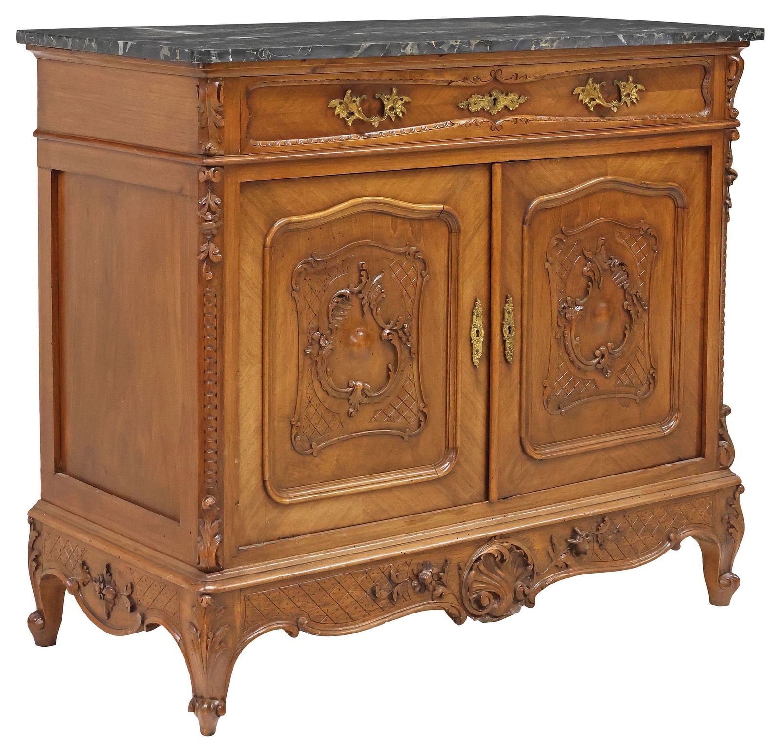 FRENCH LOUIS XV STYLE MARBLE-TOP CARVED WALNUT COMMODE (1 of 6)