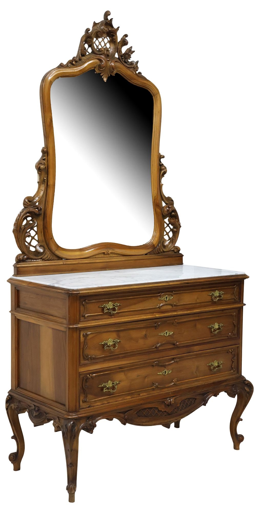 LOUIS XV STYLE CARVED WALNUT MARBLE-TOP DRESSING COMMODE & MIRROR (1 of 6)