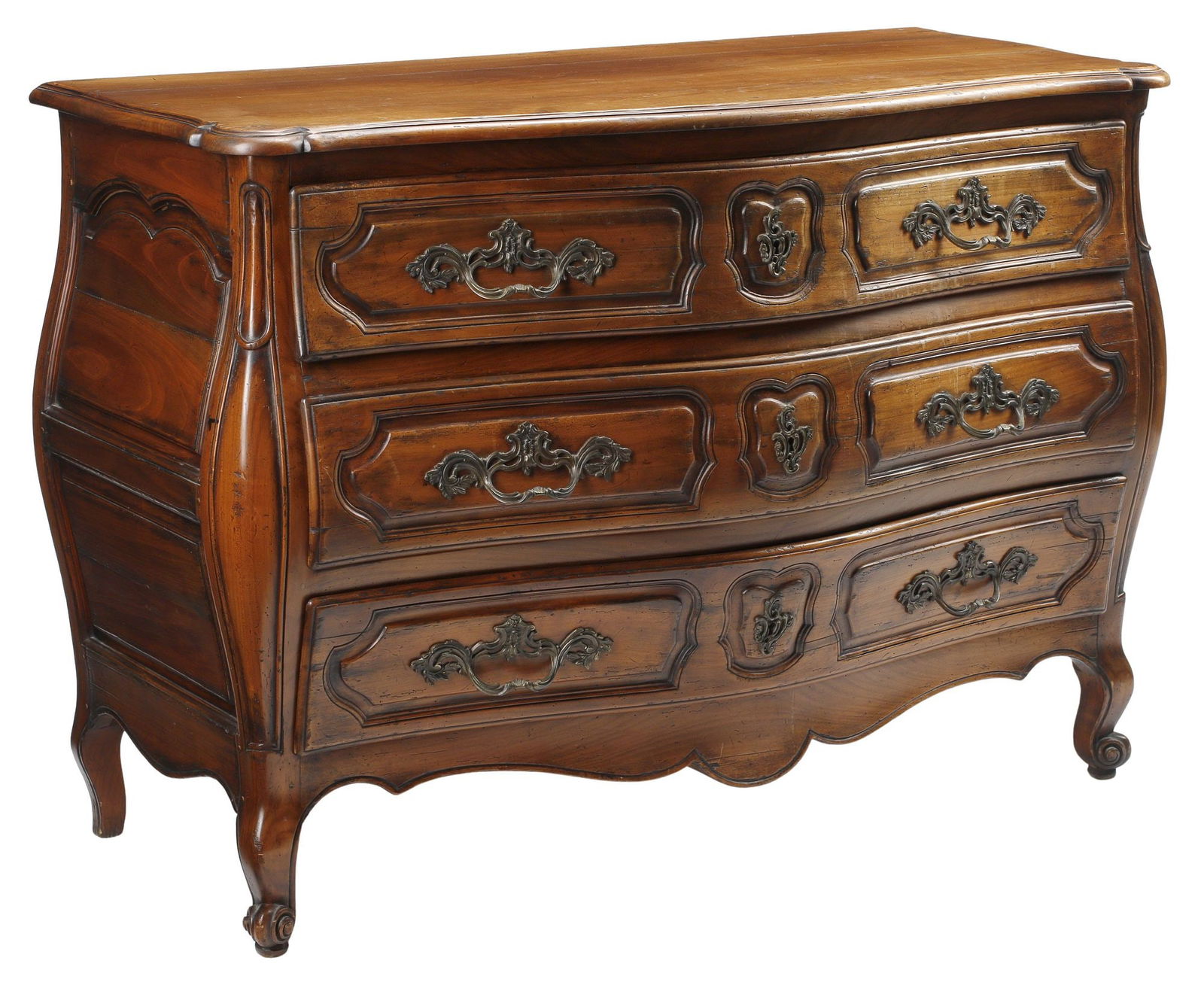 FRENCH PROVINCIAL LOUIS XV STYLE CARVED WALNUT BOMBE COMMODE (1 of 6)