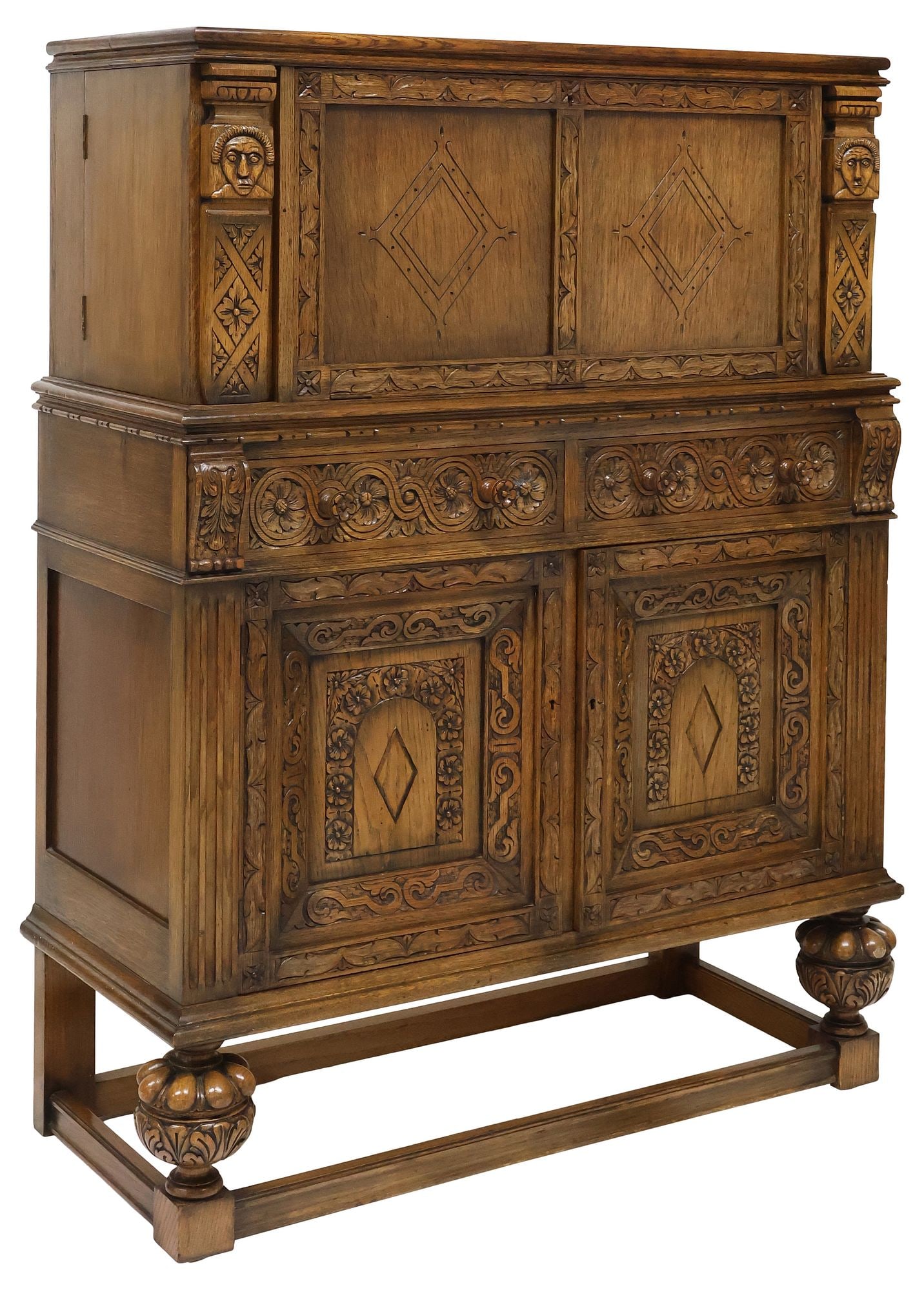 ENGLISH JACOBEAN STYLE CARVED OAK FOLDING COURT / BAR CABINET (1 of 7)