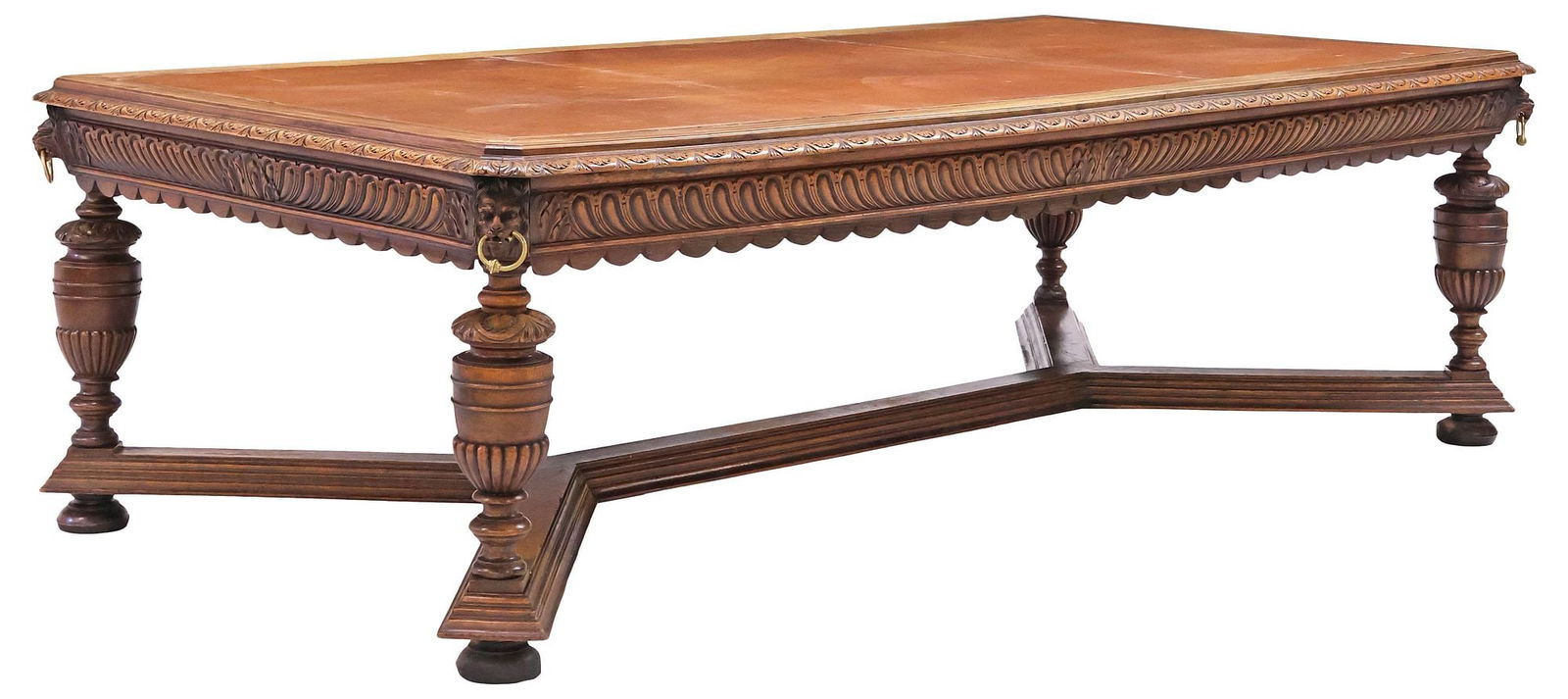 ENGLISH JACOBEAN REVIVAL LEATHER-TOP CARVED WOOD LIBRARY TABLE, 103"L (1 of 5)