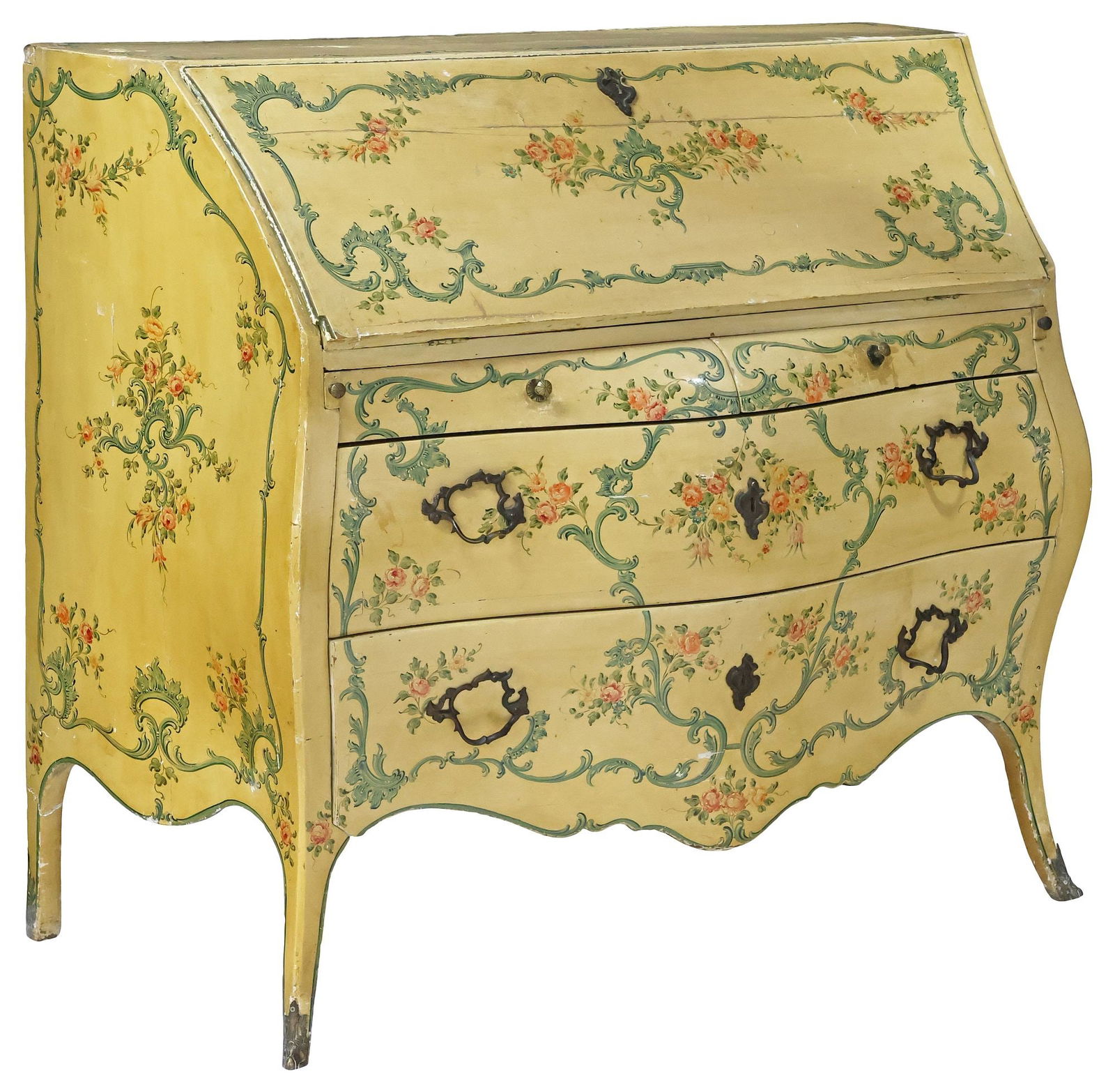VENETIAN LOUIS XV STYLE PAINTED DROP-FRONT SECRETARY: Italian Venetian Louis XV paint-decorated secretary, 20th c., bombe case in a distressed yellow painted finish with green scrollwork trim, and floral motifs, fall-front panel revealing divided gallery