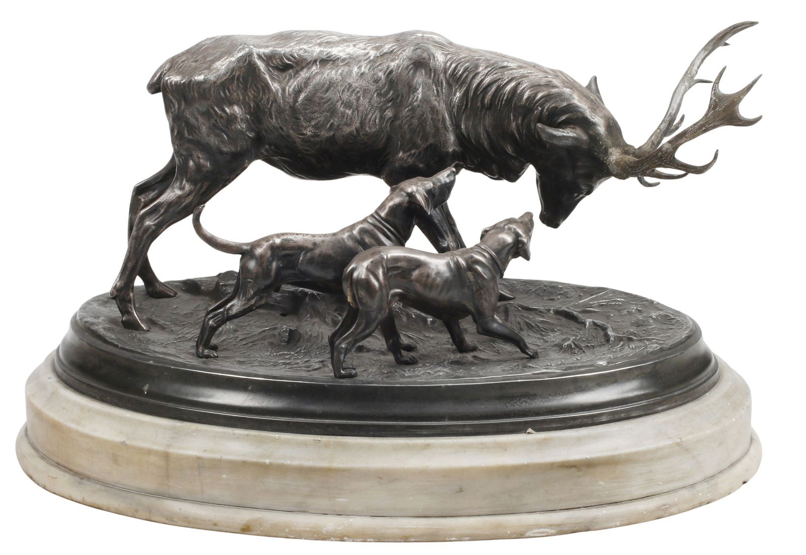 AFTER WILHELM ZWICK (1871-1916) SILVERED METAL WILDLIFE SCULPTURE, BUCK & DOGS (1 of 6)