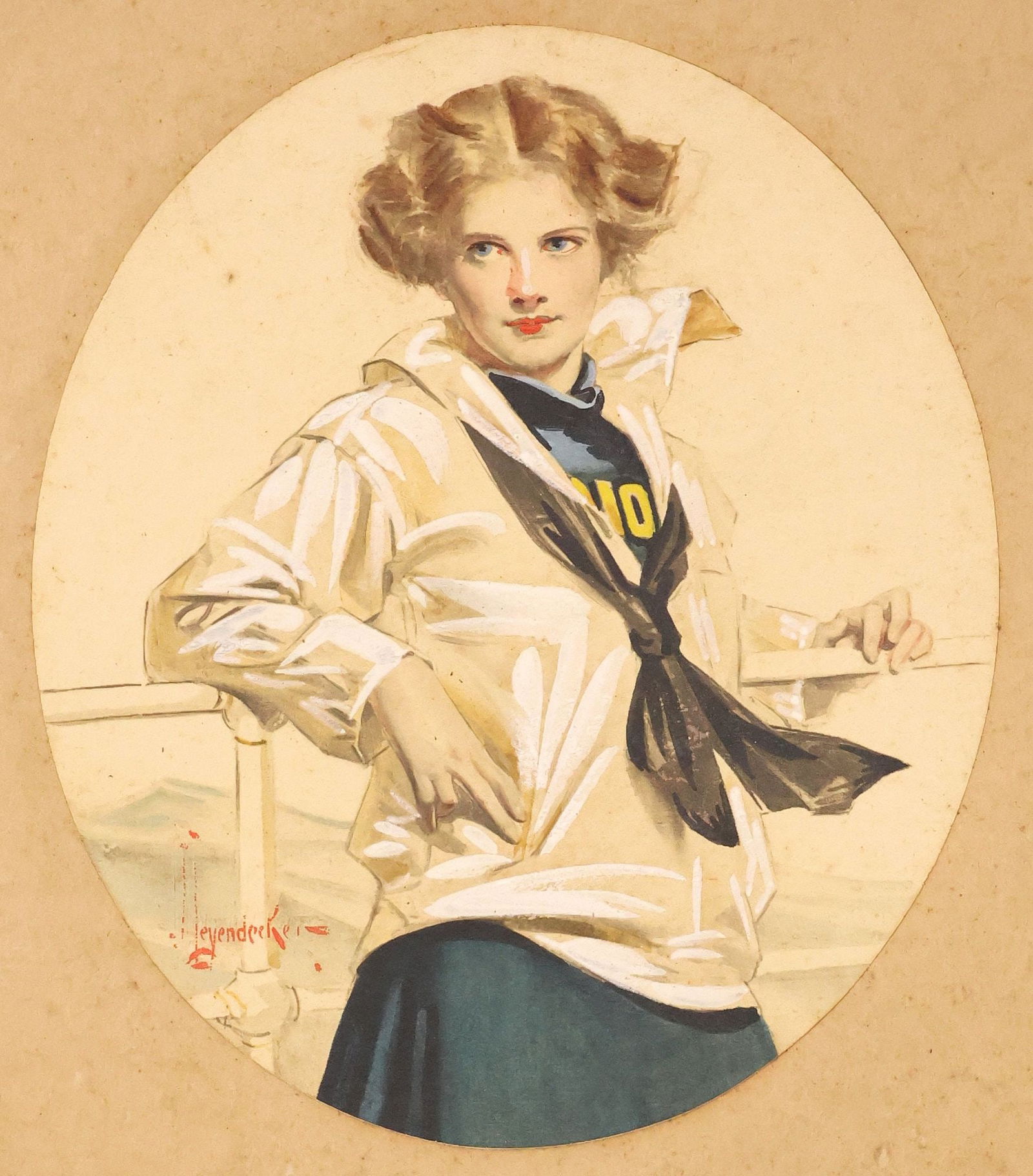 SCARCE LEYENDECKER USNA "LUCKY BAG GIRL" 1910 PLACARD, GILT SEALS (1 of 6)
