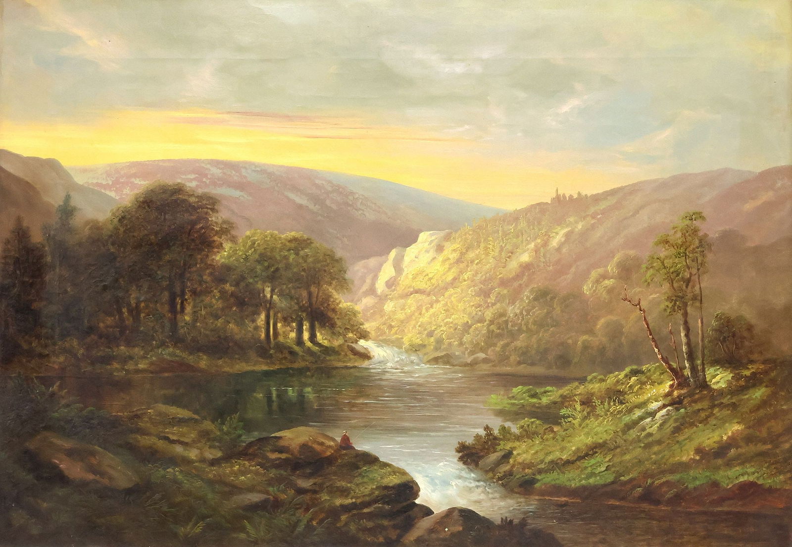 FRAMED OIL ON CANVAS PAINTING, FISHING IN A RIVER VALLEY, 28" X 40" (1 of 3)