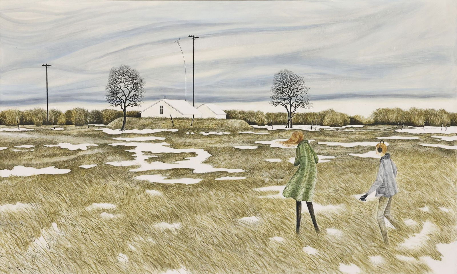 ANTHONY MARTIN (TEXAS, D.2019) PAINTING, FIGURES IN AUTUMN FIELD: Framed painting on Masonite, Home from School, signed lower left Anthony Martin (Texas, 1941-2019), dated [19]64, retaining C. Troup Gallery, Dallas label verso, sight: approx 16.75"h, 27.75"w, overal