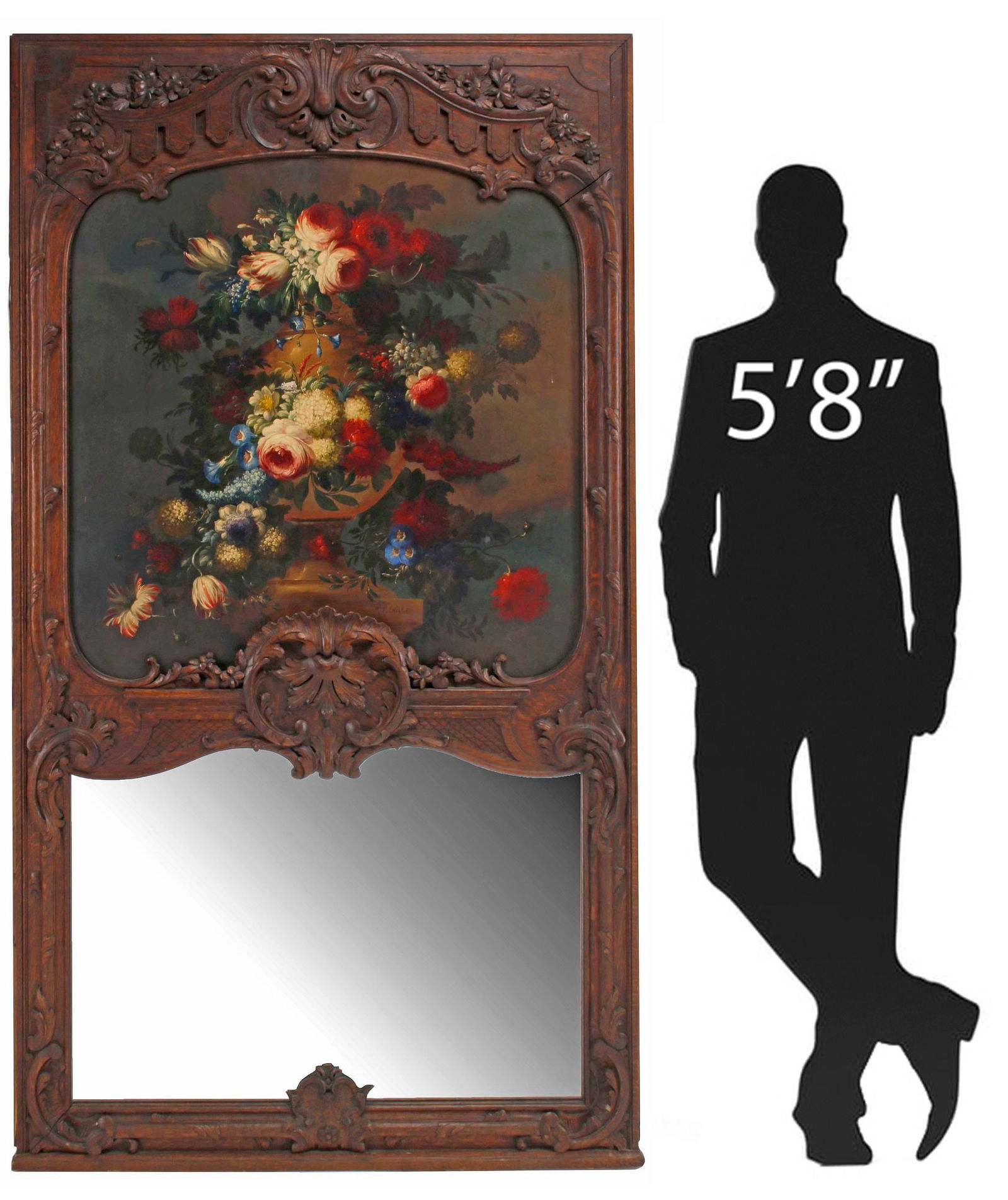 LARGE FRENCH LOUIS XV STYLE TRUMEAU MIRROR WITH FLORAL STILL LIFE, 82.25"H: French Louis XV style carved oak trumeau mirror, 20th c., rectangular frame with raised foliated scrollwork, encasing oil on canvas still life painting of a floral urn, signed lower central right R. F