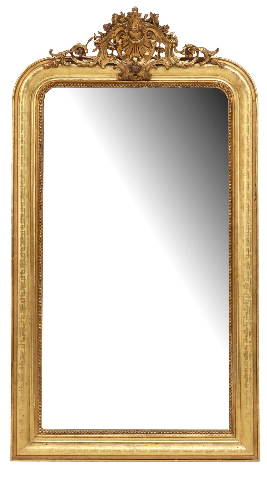 LARGE FRENCH LOUIS PHILIPPE PERIOD INCISED GILTWOOD MIRROR, 61.5" X 34" (1 of 3)