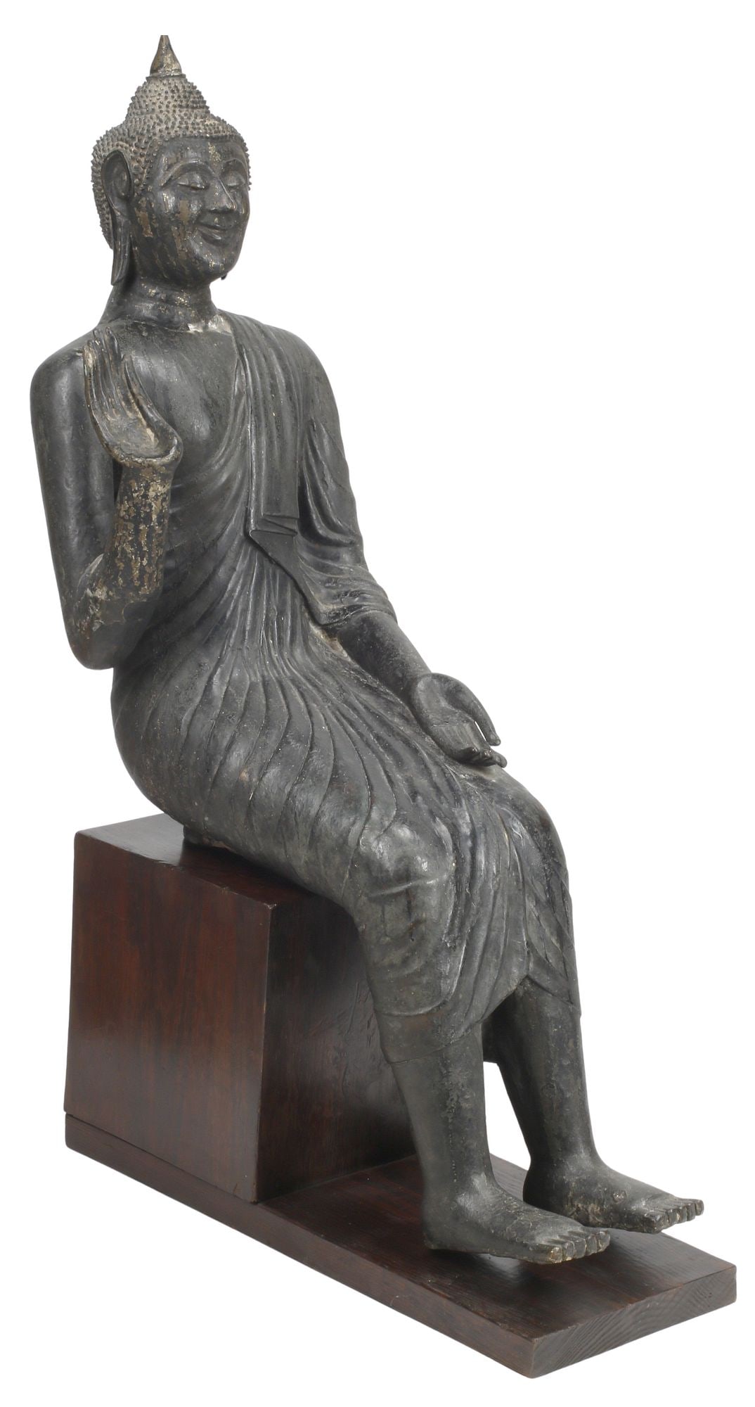 LARGE THAI BRONZE SCULPTURE, SEATED BUDDHA, ON WOOD BASE, 44"H (1 of 6)