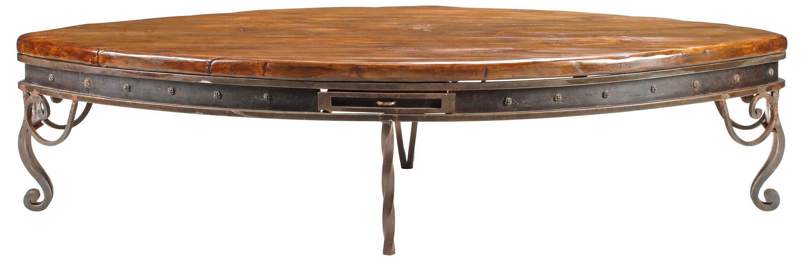 MONUMENTAL RUSTIC WOOD-TOP WROUGHT IRON COFFEE TABLE, 84"L (1 of 4)