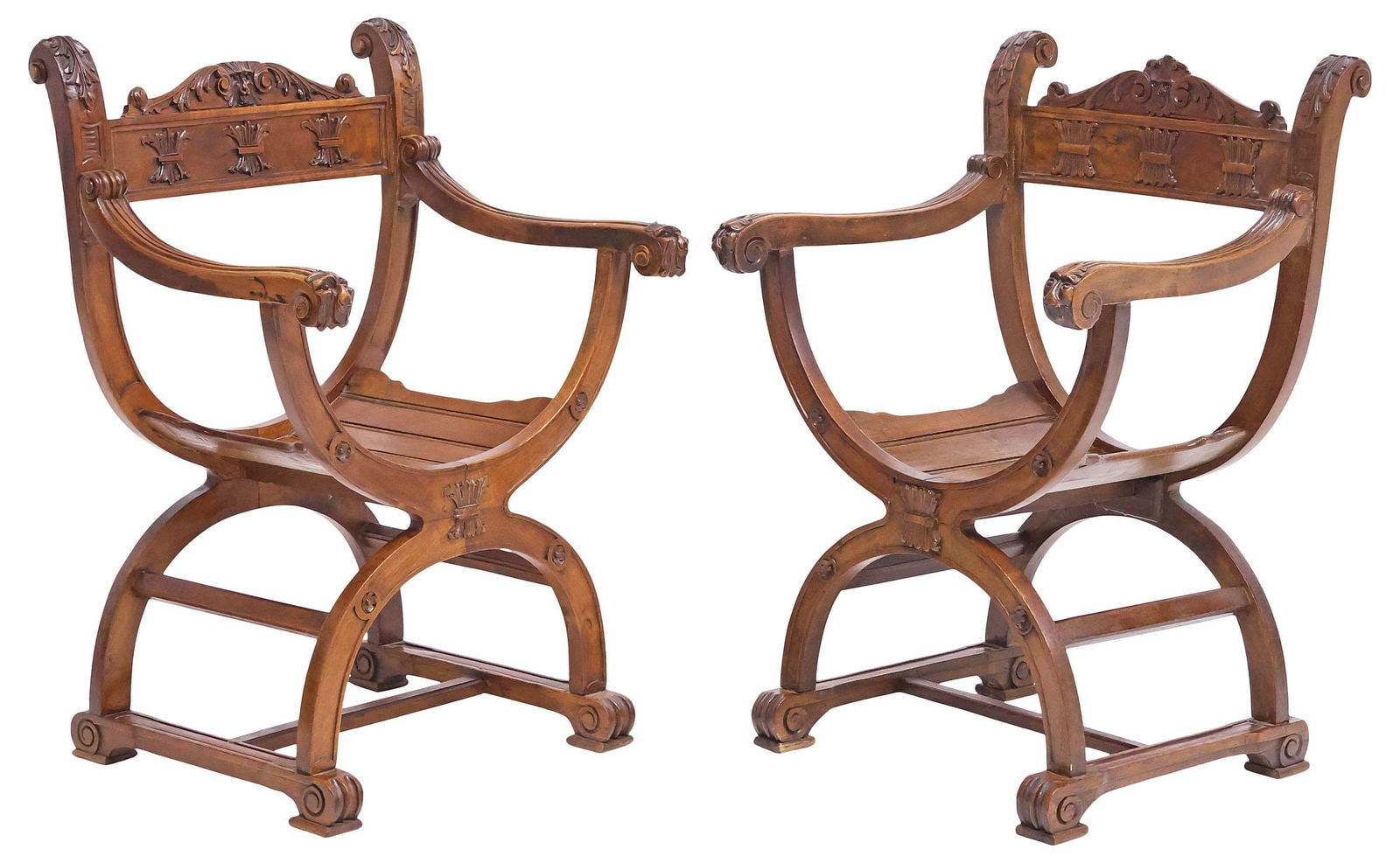(2) ITALIAN RENAISSANCE REVIVAL CARVED WALNUT CURULE CHAIRS (1 of 4)