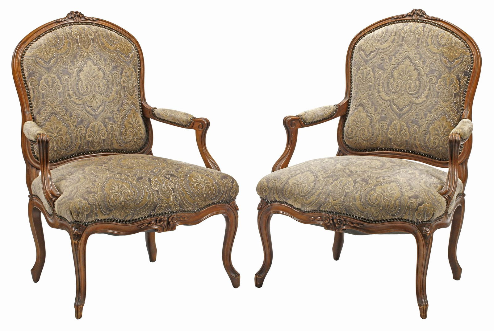 (2) FRENCH LOUIS XV STYLE UPHOLSTERED WALNUT ARMCHAIRS / FAUTEUILS (1 of 6)