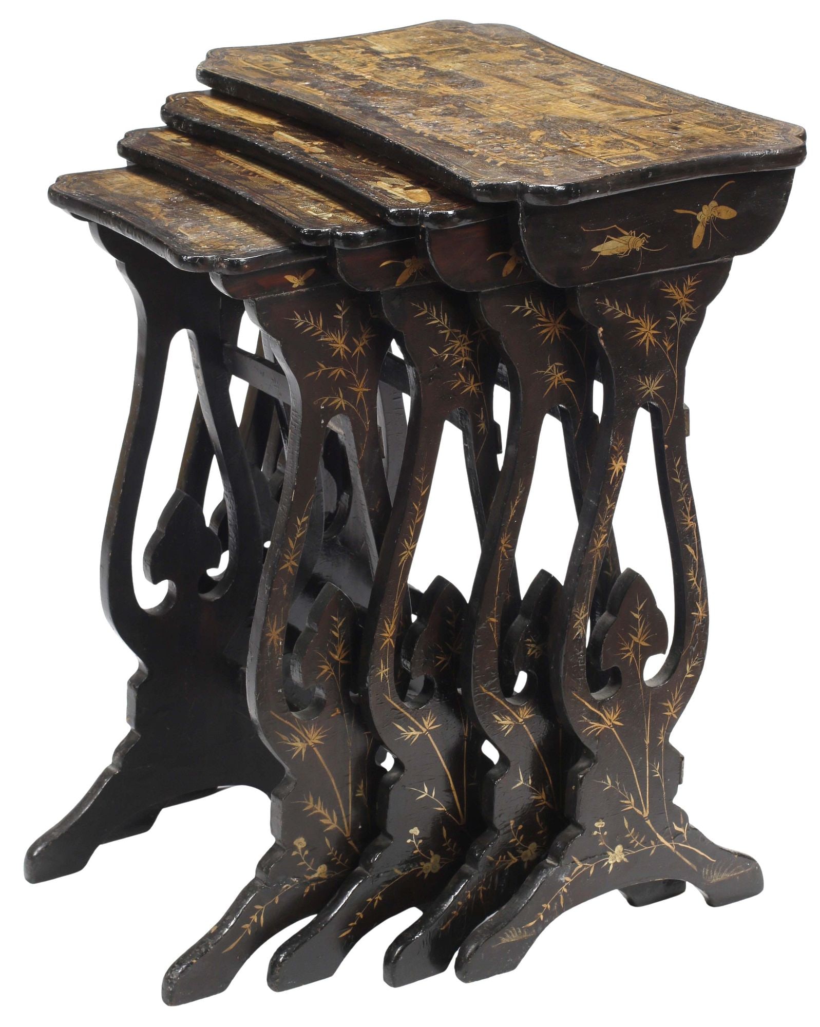 (4) ENGLISH REGENCY STYLE BLACK LACQUER CHINOISERIE NESTING TABLES (1 of 5)
