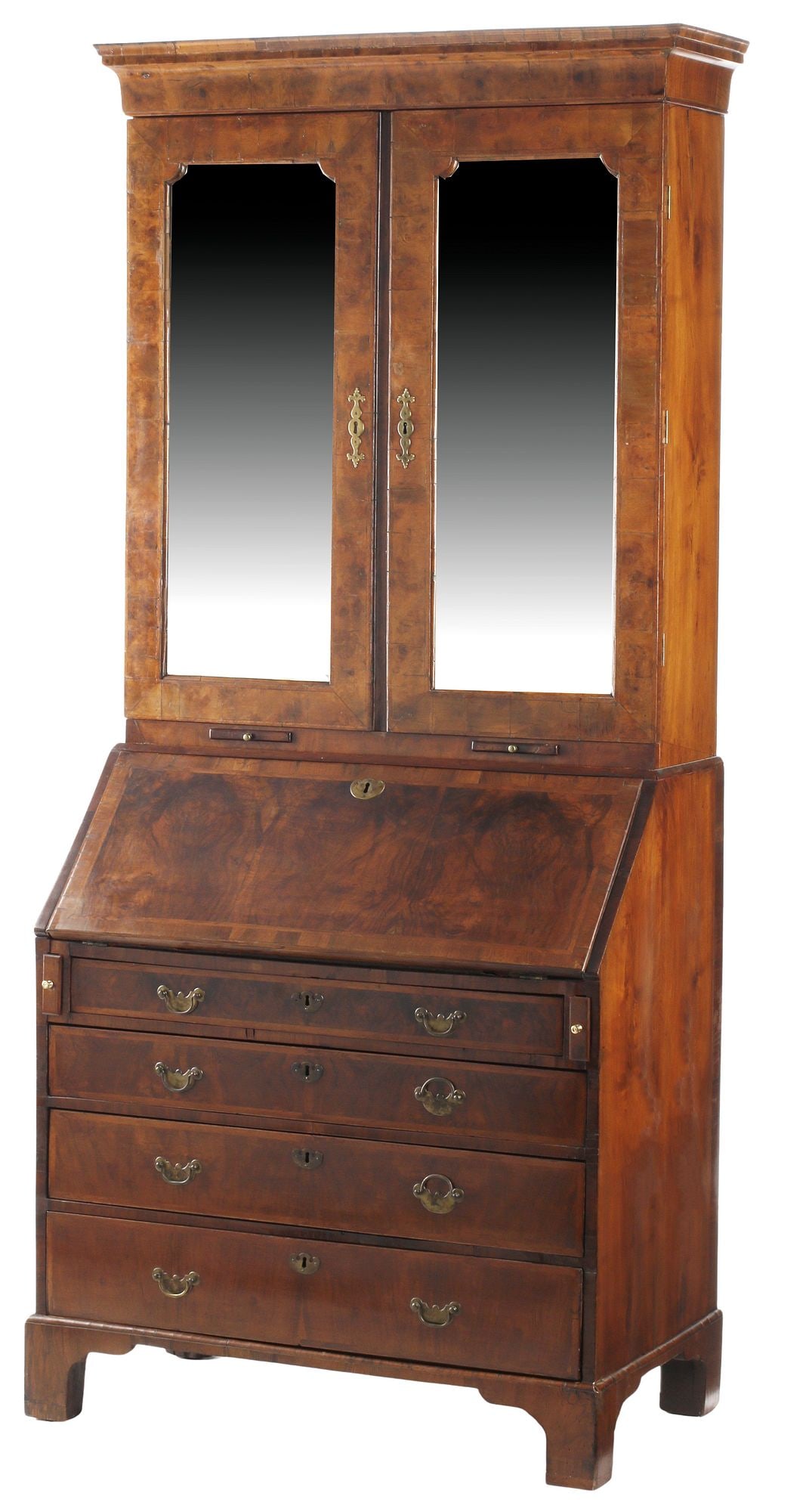 ENGLISH QUEEN ANNE PERIOD MIRRORED WALNUT SECRETARY BOOKCASE (1 of 7)