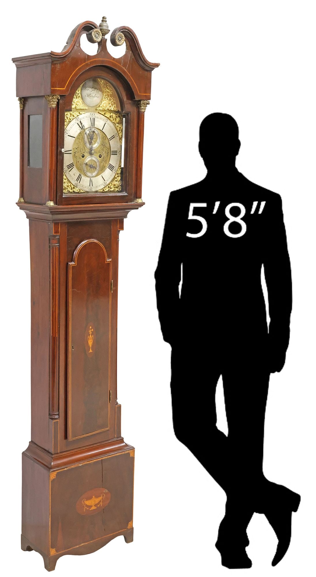 SCOTTISH GILL & SON MAHOGANY & MARQUETRY LONGCASE CLOCK: Scottish Georgian style mahogany grandfather clock, Alexander Gill and Son, Aberdeen, 19th c., having split pediment with gilt-metal floral medallions, glazed and arched bonnet encasing silver-toned