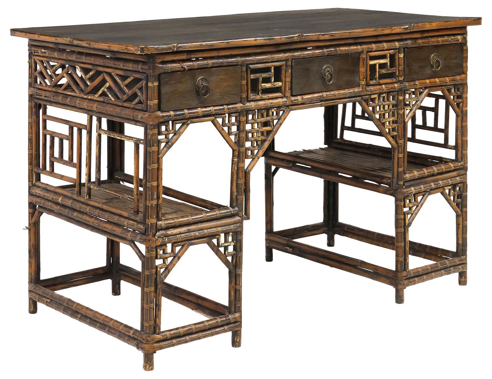 AESTHETIC MOVEMENT BAMBOO & RATTAN WRITING DESK: Aesthetic Movement bamboo and rattan writing desk, late 19th/ early 20th c., having rectangular top, above three drawers and two open compartments, with Japonesque paneled sides, rising on