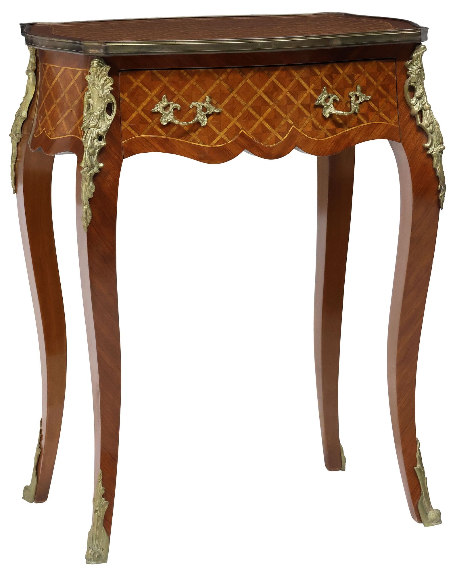 FRENCH TRANSITIONAL STYLE PARQUETRY SIDE TABLE: French Transitional style mahogany side table, early 20th c., having shaped top with checkered parquetry and string inlay, scalloped apron fitted with single drawer, rising on cabriole legs headed by