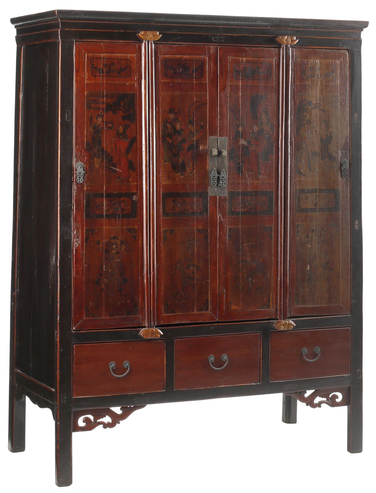 CHINESE RED & BLACK LACQUER 4-DOOR CABINET (1 of 6)