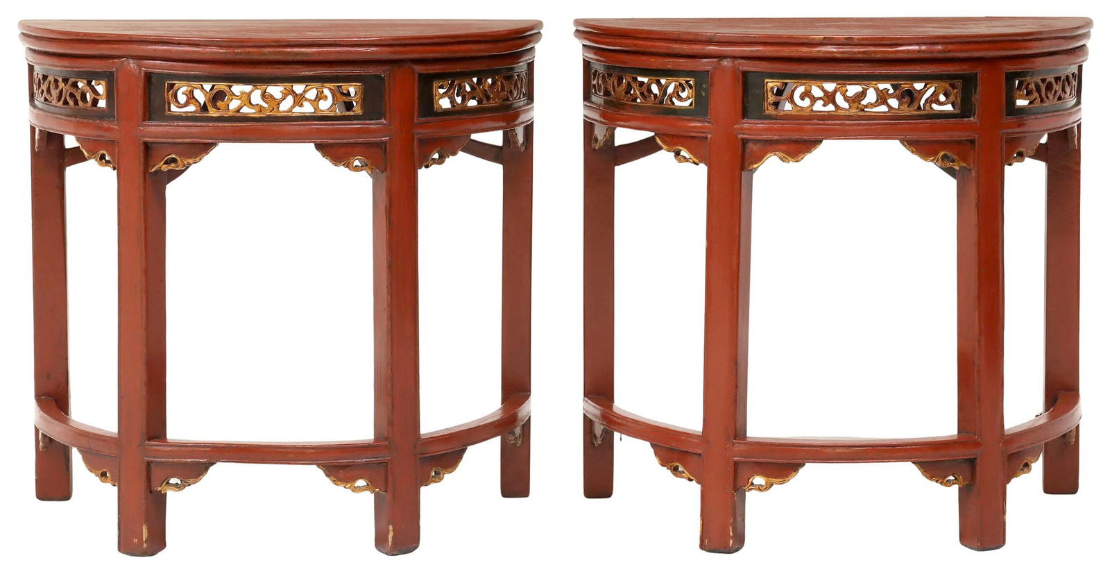 (2) DIMINUTIVE CHINESE PARCEL-GILT RED LACQUER DEMILUNE SIDE TABLES (1 of 6)