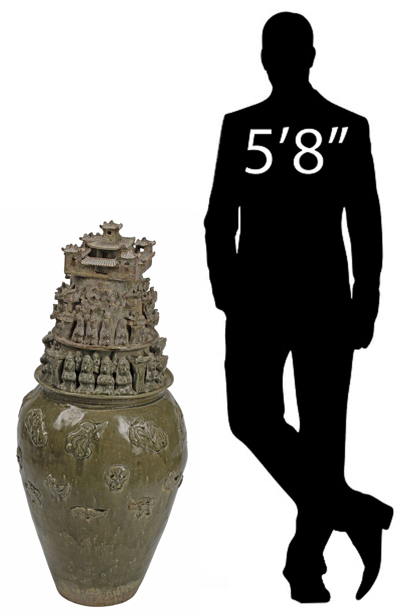 LARGE CHINESE GLAZED STONEWARE HUNPING FUNERARY JAR, 41"H: Large Chinese Yue ware hunping funerary urn or spirit jar, in an olive green glaze, having palatial pagoda raised on tiers of buddhas in prayer and flocks of birds, auspicious animals encircling the