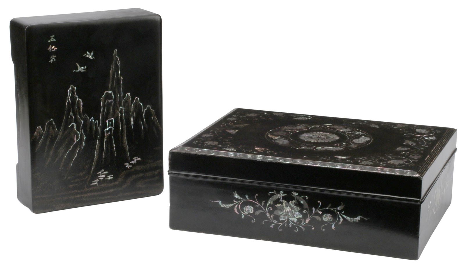 (2) JAPANESE LACQUERED MOTHER-OF-PEARL INLAID TABLE BOXES (1 of 5)