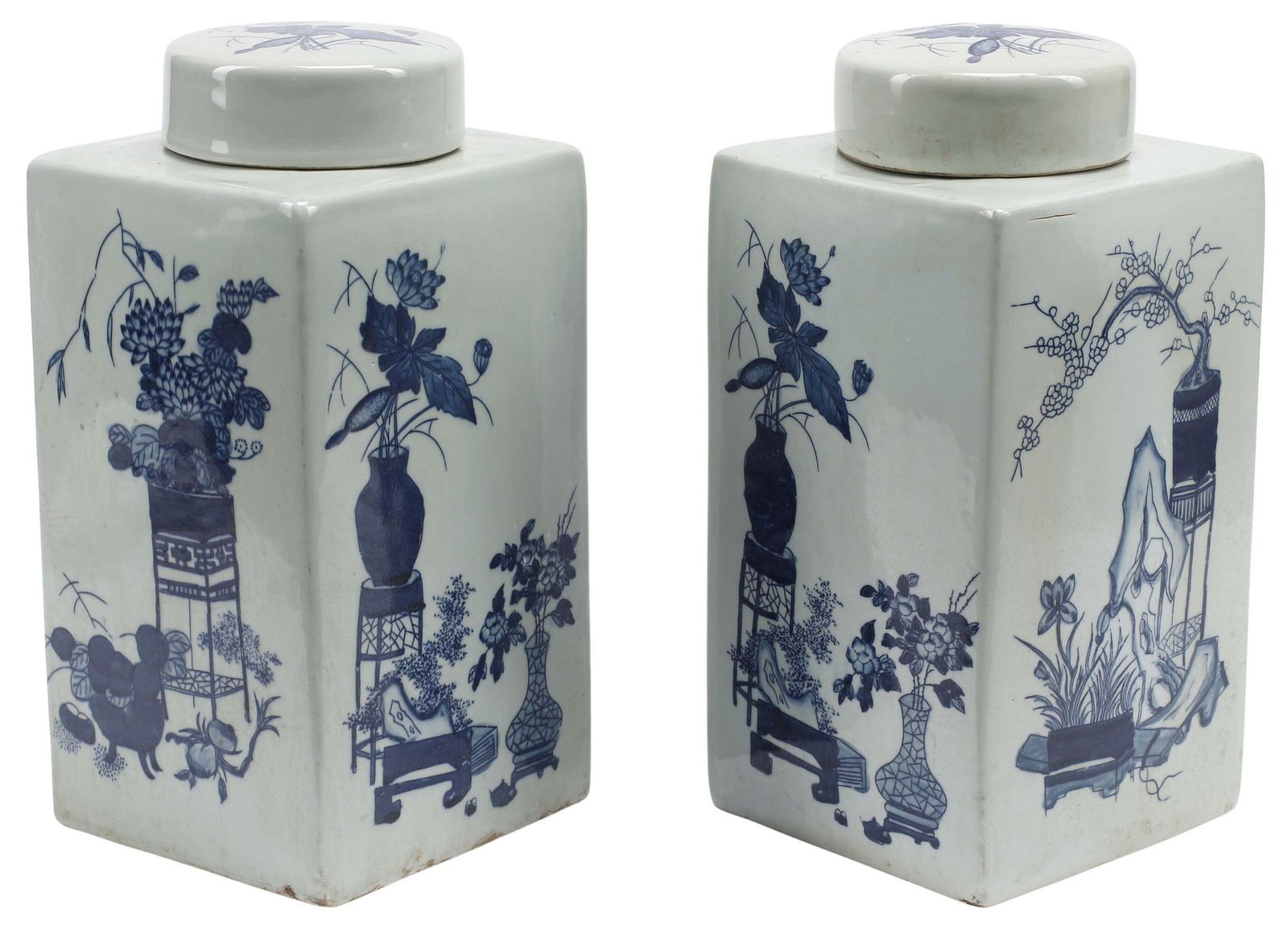 (2) CHINESE BLUE & WHITE PORCELAIN SQUARE TEA CADDIES (1 of 4)