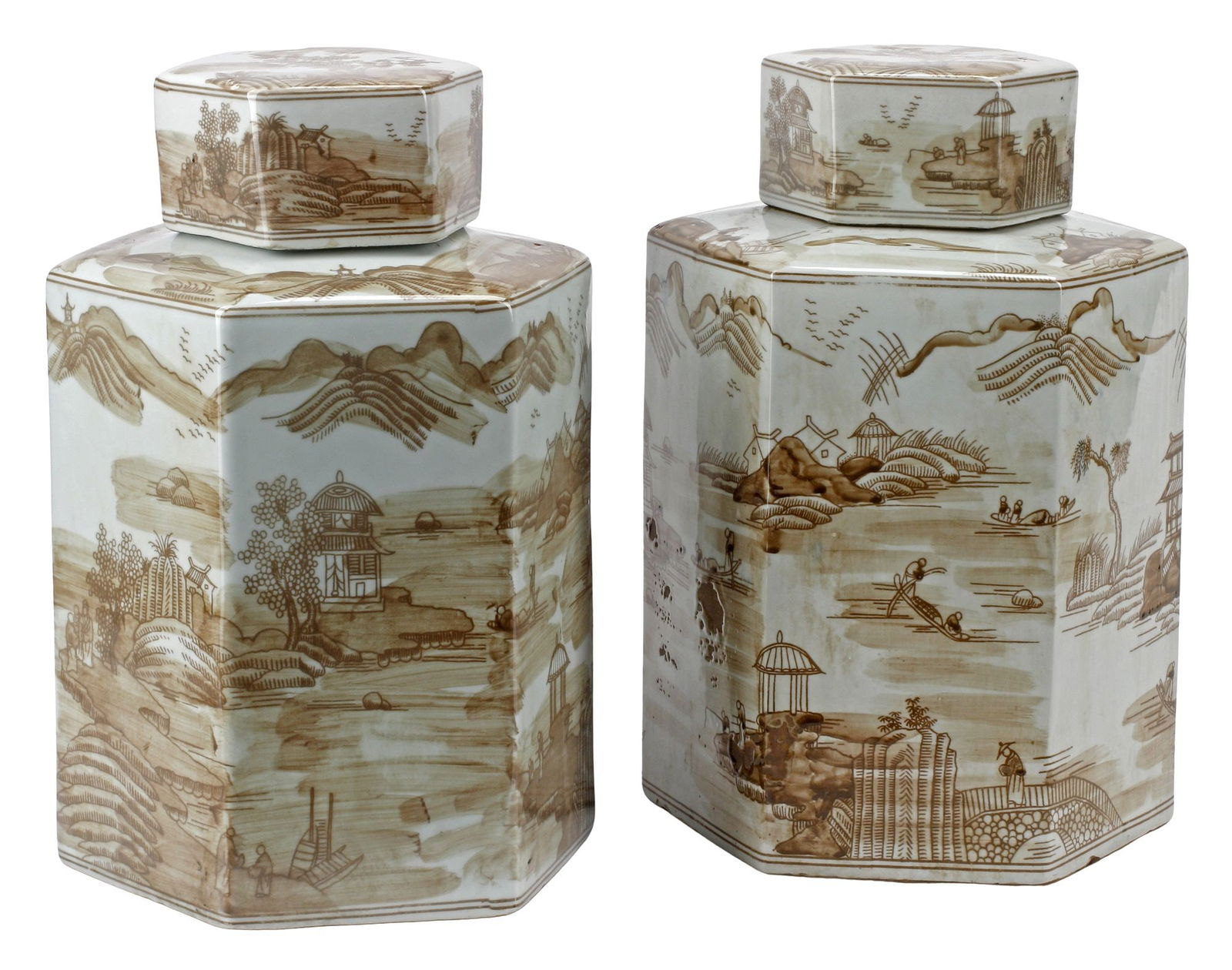 (2) CANTON STYLE BROWN UNDERGLAZE PORCELAIN TEA CANNISTERS (1 of 6)
