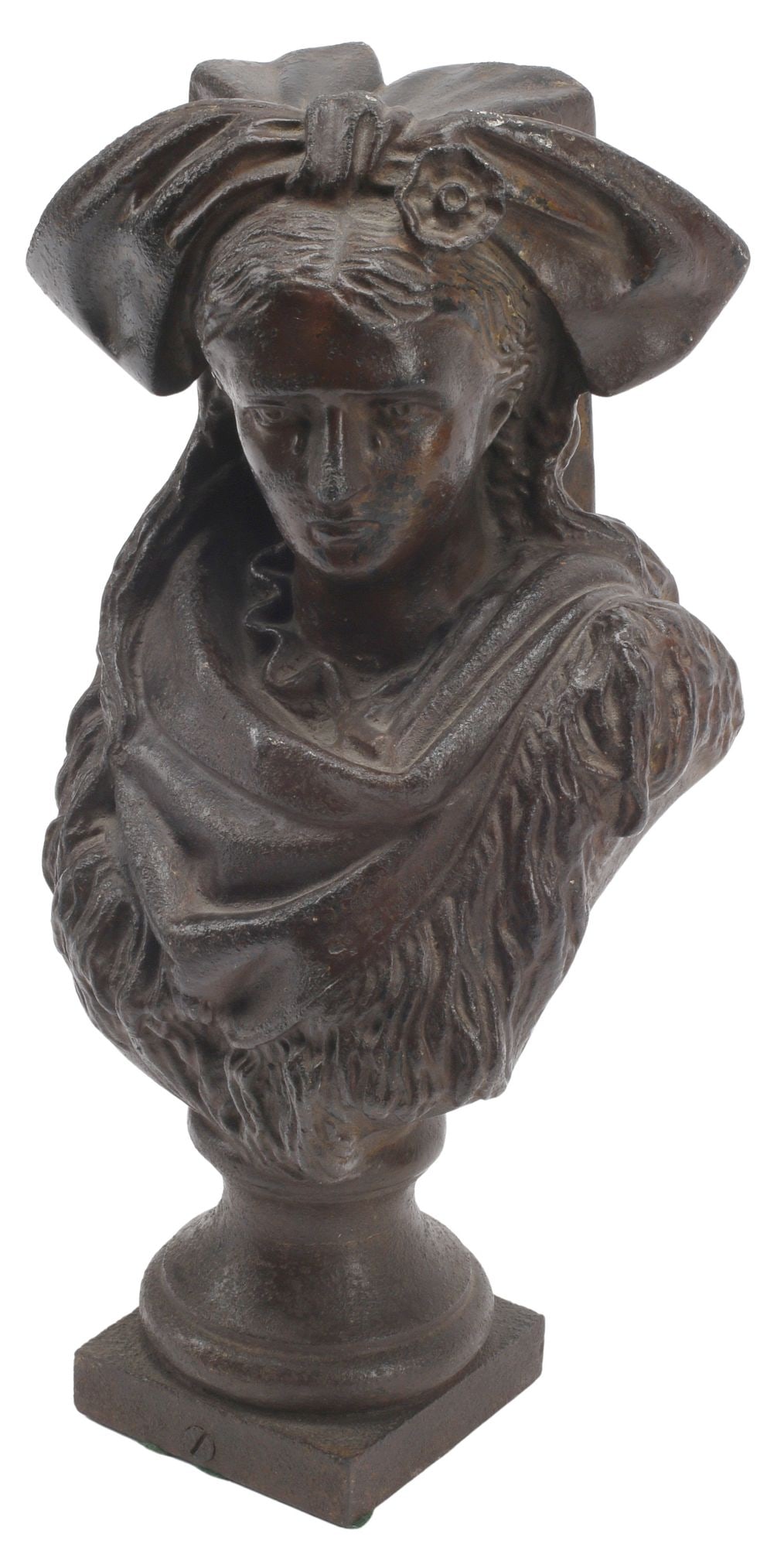 PATINATED CAST IRON SCULPTURE, BUST OF A YOUNG LADY (1 of 3)
