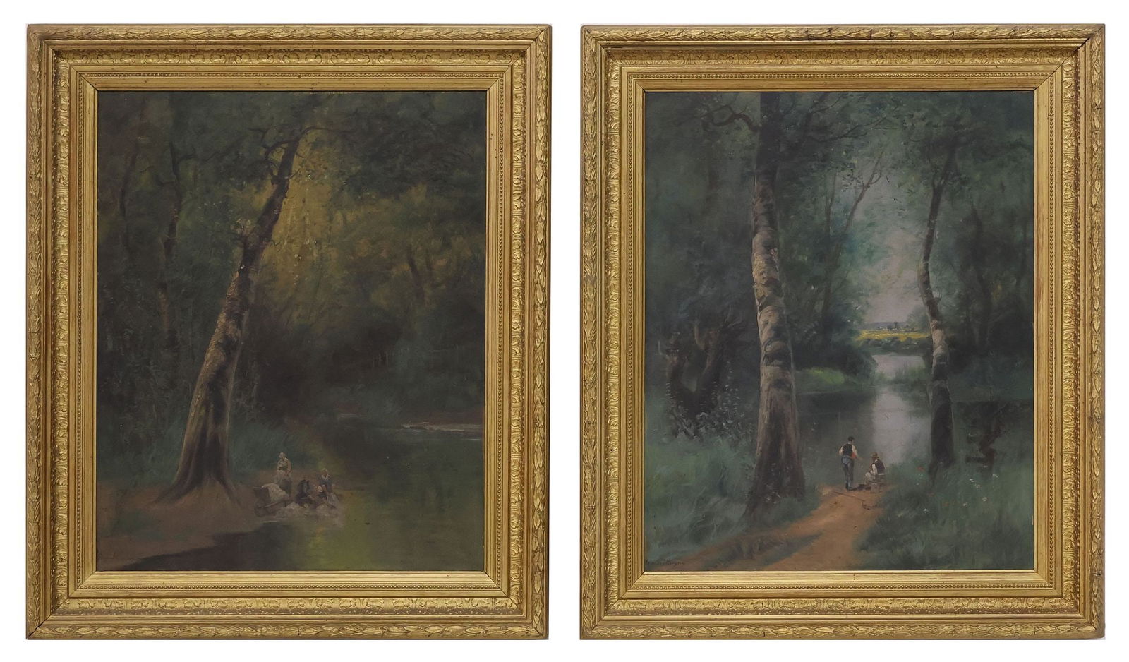 (2) FRENCH SCHOOL OIL PAINTINGS, PROVINCIAL FIGURES IN SCENIC LANDSCAPES (1 of 6)