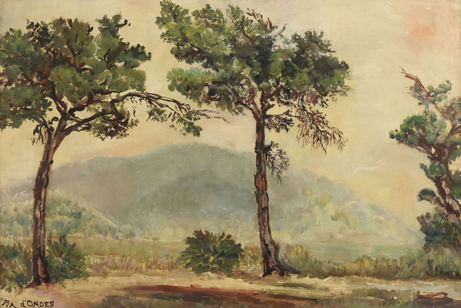 SIGNED ITALIAN SCHOOL OIL PAINTING, LAKESIDE LANDSCAPE, 42.5" X 30" (1 of 4)