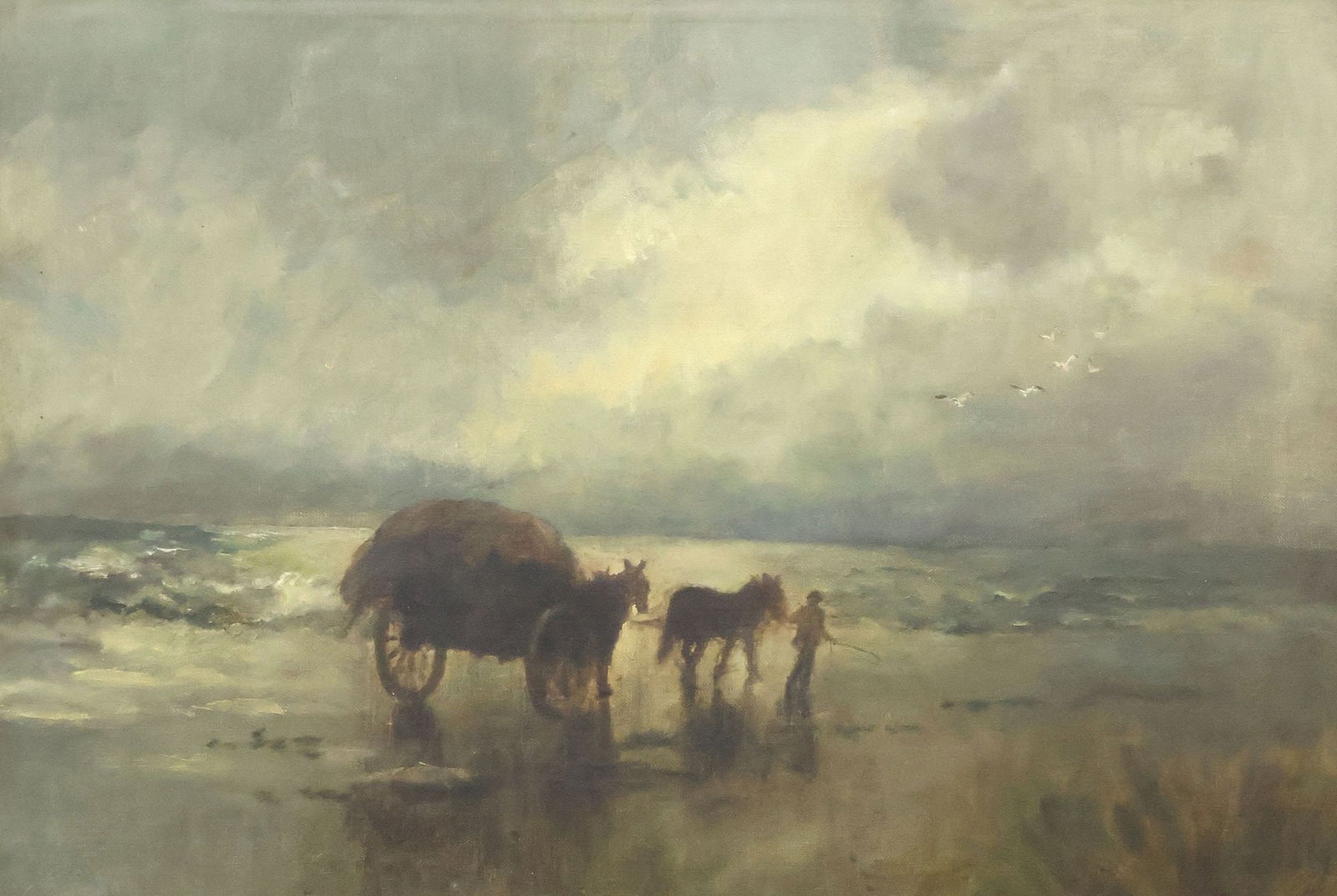 CONTINENTAL SCHOOL OIL PAINTING, HORSE CART IN COASTAL LANDSCAPE (1 of 4)
